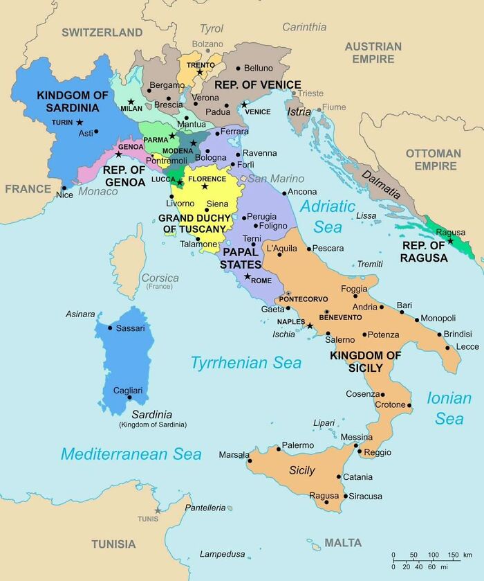 Historical map of Italian states showing regions and cities to expand your knowledge of the world’s geography and history.