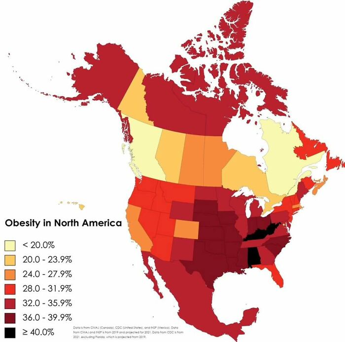 Color-coded map showing obesity rates across North America with varying shades highlighting regional differences in obesity prevalence.