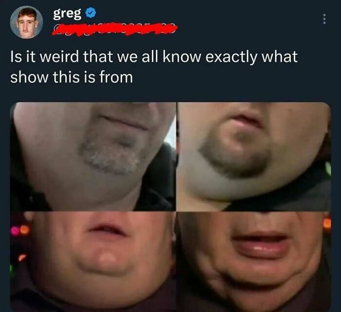 Tweet with a humorous caption about recognizing a TV show, featuring close-up images of men's chins in random meme style.