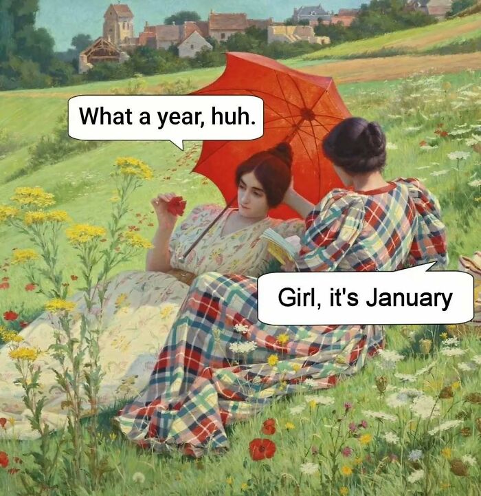 Two women in classical art style sitting in a field with speech bubbles, a humorous meme for classical art lovers.