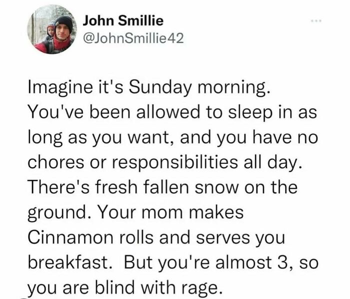 Screenshot of a random meme tweet humorously describing childhood Sunday mornings, part of random memes collection.