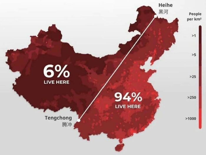 Map showing population density in China with 94% living in eastern regions and 6% in western regions.