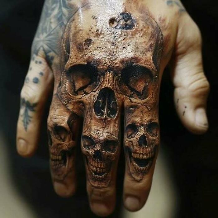 Tatuajes de calaveras realistas en mano, ejemplo destacado de personas que decidieron hacerse tatuajes únicos y llamativos.
