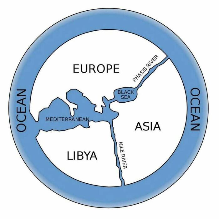 Simplified world map showing Europe, Asia, Libya, major rivers, seas, and surrounding ocean in a circular layout.