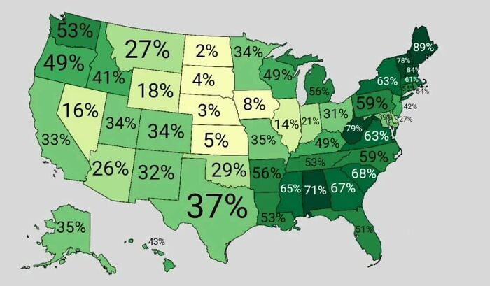 Map of the United States illustrating varying percentages by state in a curious map to expand knowledge of the world.