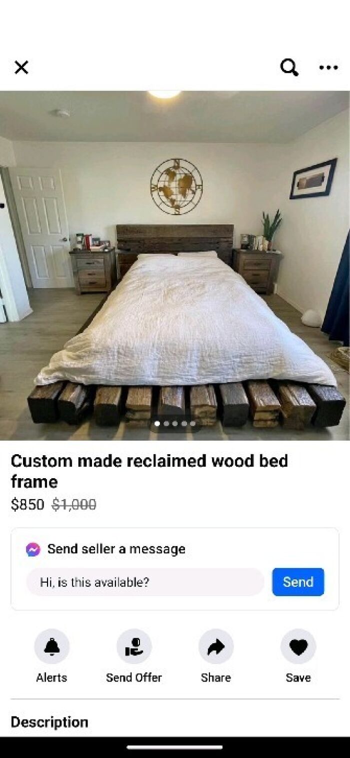 Custom made reclaimed wood bed frame listed on Facebook Marketplace with rustic design and wood block base.