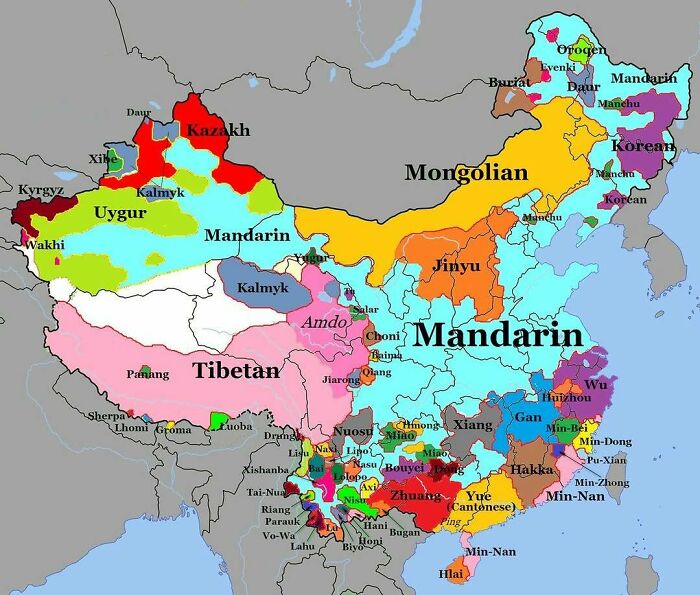 Colorful linguistic map of China showing various languages and dialects to expand your knowledge of the world.