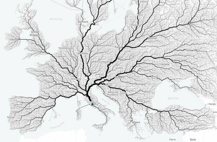 Map of Europe showing intricate river networks and watersheds, a curious map to expand knowledge of the world.