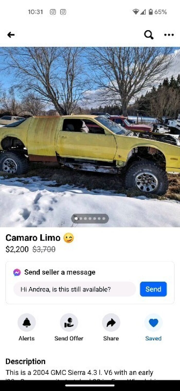 Yellow lifted Camaro limo with off-road tires and missing parts listed on Facebook Marketplace in a snowy outdoor setting.