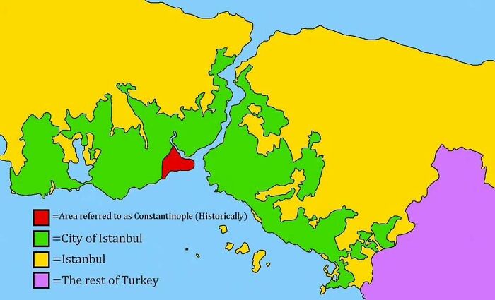Map highlighting historical Constantinople, Istanbul city, Istanbul region, and the rest of Turkey to expand world knowledge.