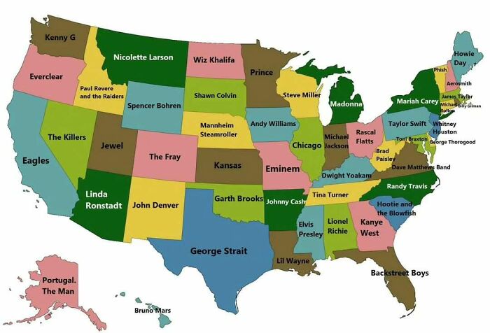 Map of the United States labeled with popular musicians by state, a curious map to expand your knowledge of the world.