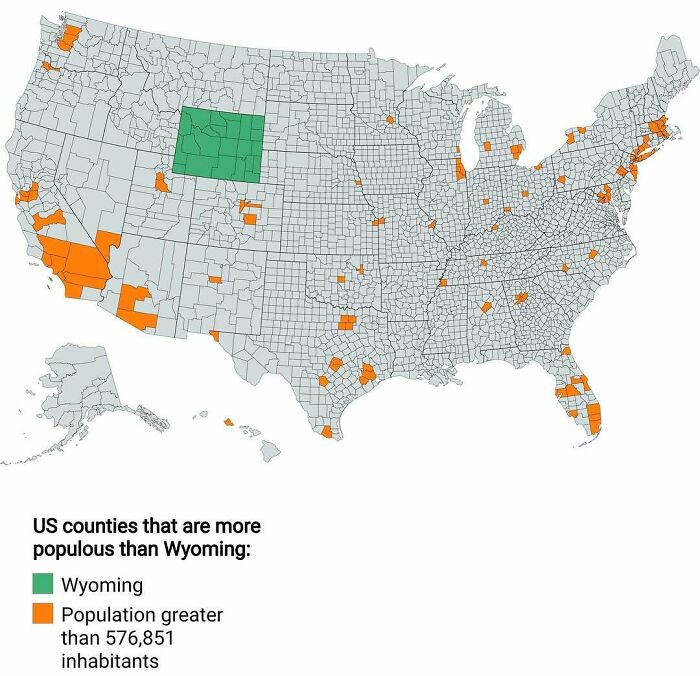 Map showing US counties with populations greater than Wyoming, highlighting demographic data in curious maps to expand world knowledge.