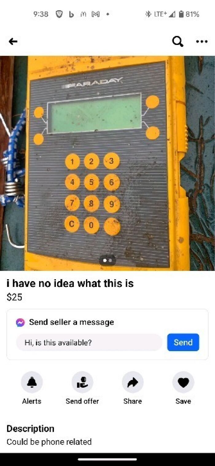 Old yellow Faraday keypad device listed on Facebook Marketplace with unknown purpose, showing just how wild Facebook Marketplace is.