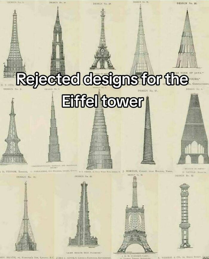 Rejected historical architectural sketches exploring alternative designs for the Eiffel Tower structure and shape.