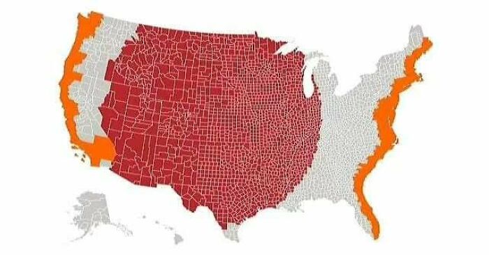 Map of the United States showing regions in red, gray, and orange highlighting curious maps to expand knowledge of the world