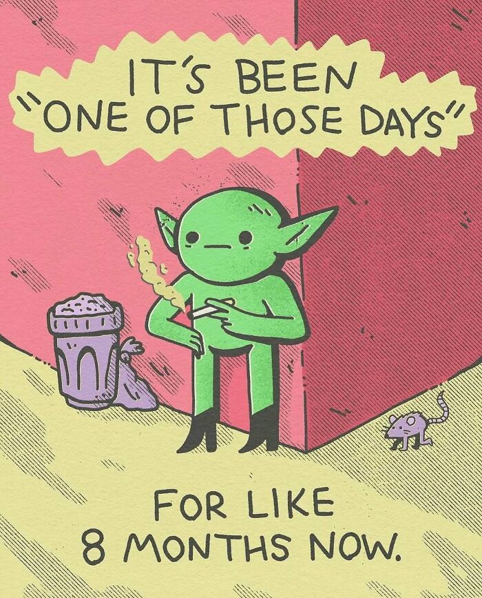 Cartoon character smoking by a wall with trash and a rat, relatable meme expressing a long tough period.