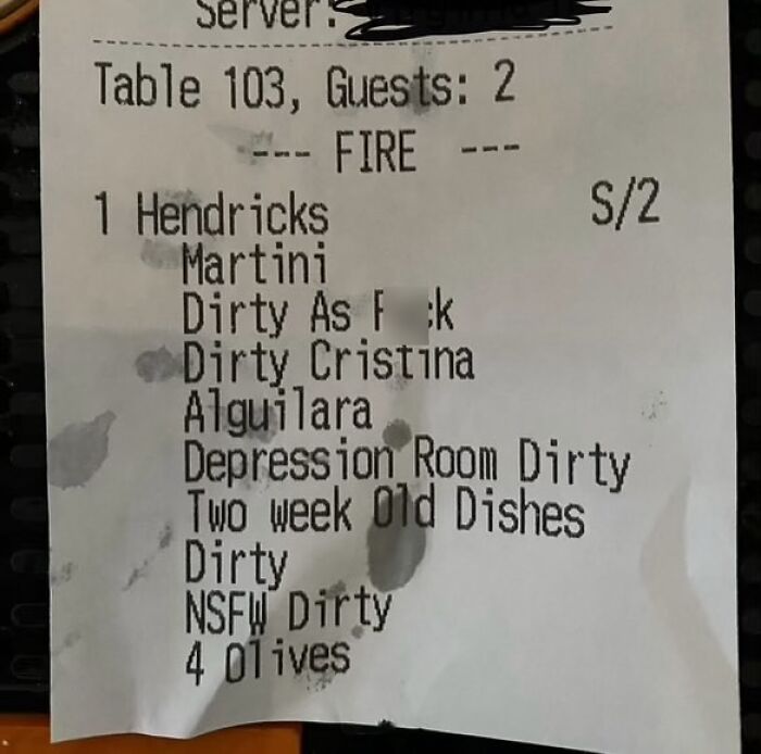 Receipt showing a humorous list of drink names and items with the word dirty, featured in relatable memes.