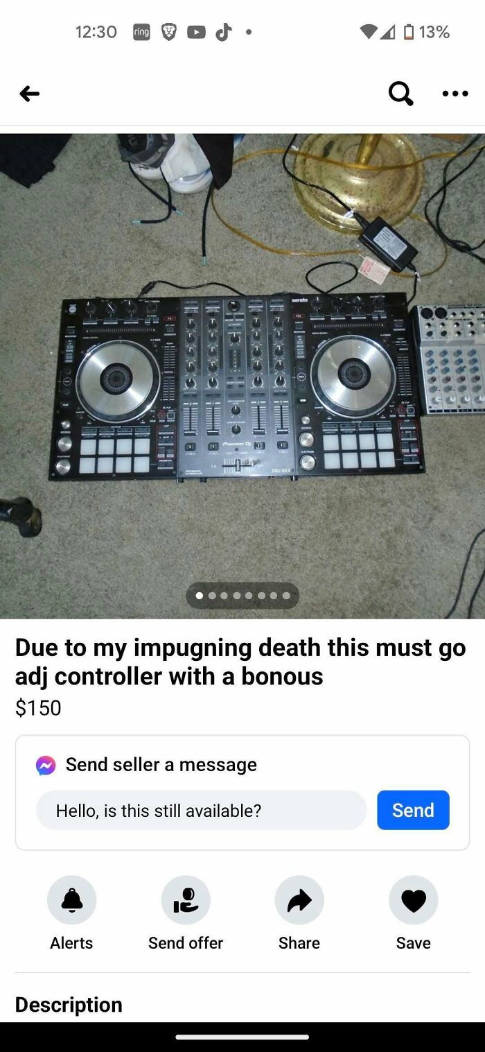 DJ controller with mixer and cables displayed on carpet, showing wild Facebook Marketplace listing priced at $150.