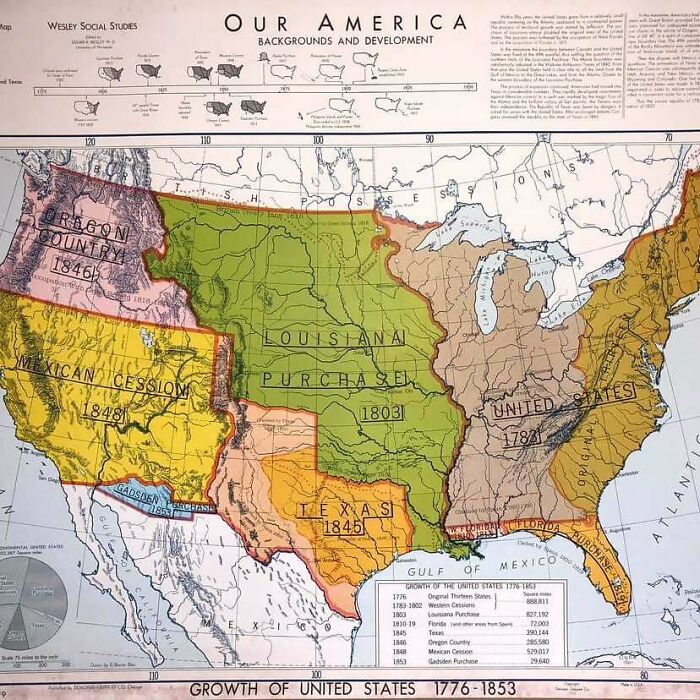 Historic map illustrating the growth of the United States from 1776 to 1853 with key territorial acquisitions highlighted.