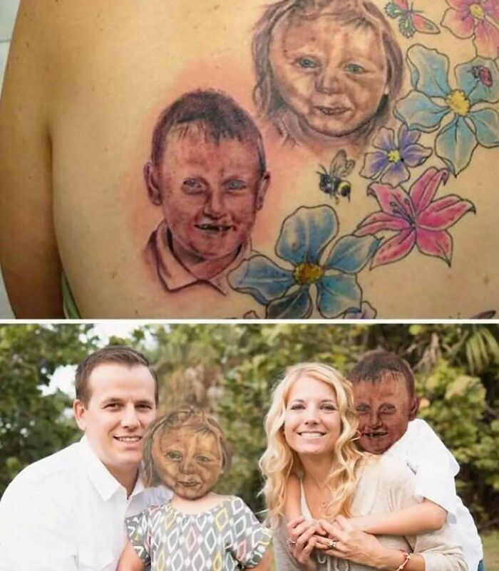 Back tattoo of children's portraits with flowers alongside a family photo showing matching tattoos and smiles.