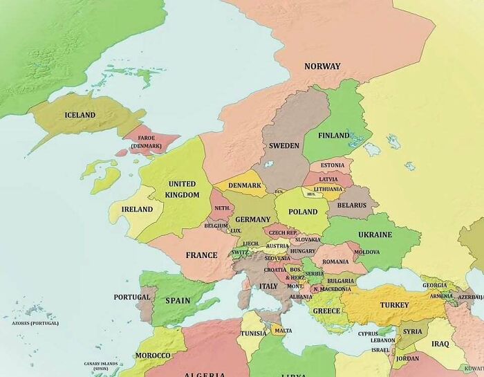 Color-coded political map of Europe showing country borders and names to explore curious maps and expand world knowledge.