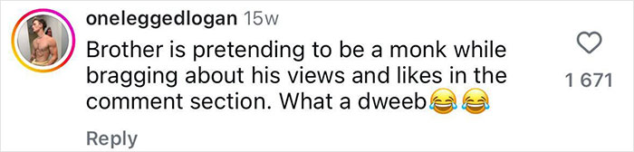 Screenshot of a social media comment criticizing a former pole dancer pretending to be a monk, sparking mixed reactions.