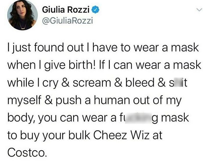 Screenshot of a funny parenting meme from an IG account sharing painfully relatable humor about birth and masks.