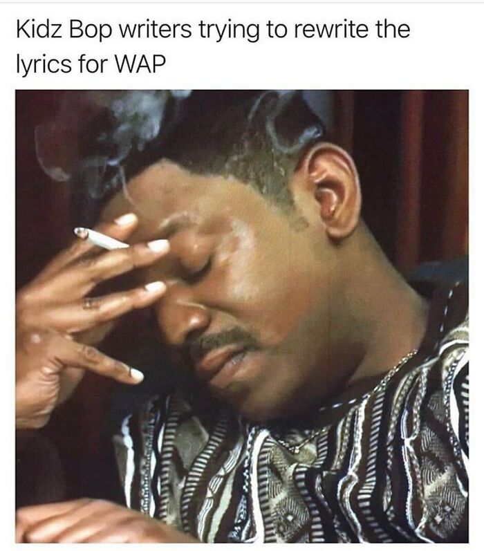 Man in patterned sweater smoking and rubbing forehead, illustrating funny parenting memes that are painfully relatable.