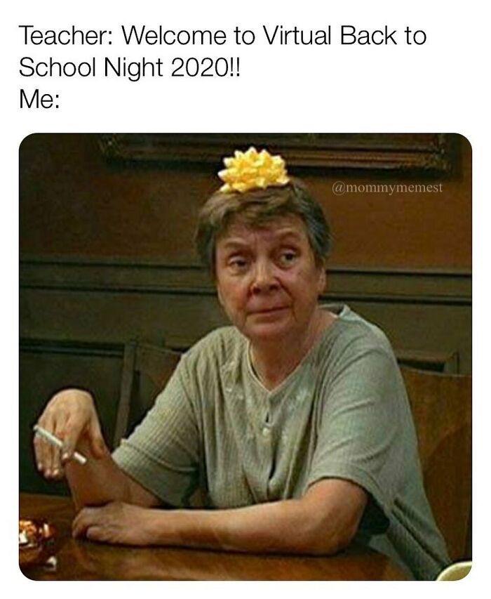 Woman with a tired expression and a flower on her head holding a cigarette, capturing funny parenting memes relatable to many.