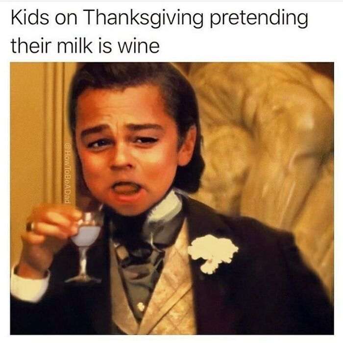 Child dressed formally pretending to drink milk as wine on Thanksgiving, funny parenting memes painfully relatable on Instagram.
