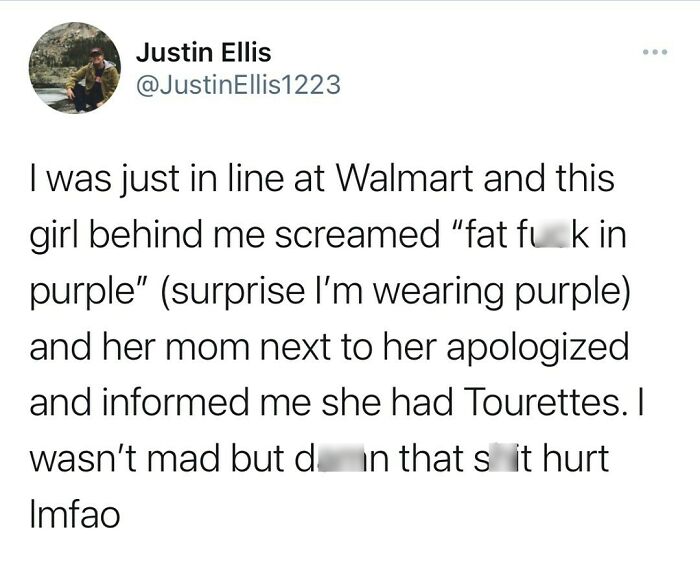 Tweet about an awkward Walmart moment featuring unexpected Tourette’s outburst and relatable shower feels.