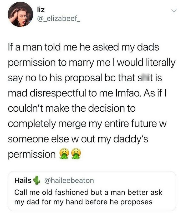 Social media post discussing opinions on marriage proposals and permission, highlighting relatable shower feels.