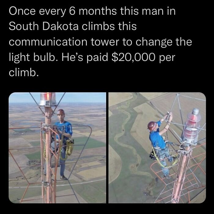 Man climbing a tall communication tower in South Dakota to change a light bulb, an unsettling event that actually happened.