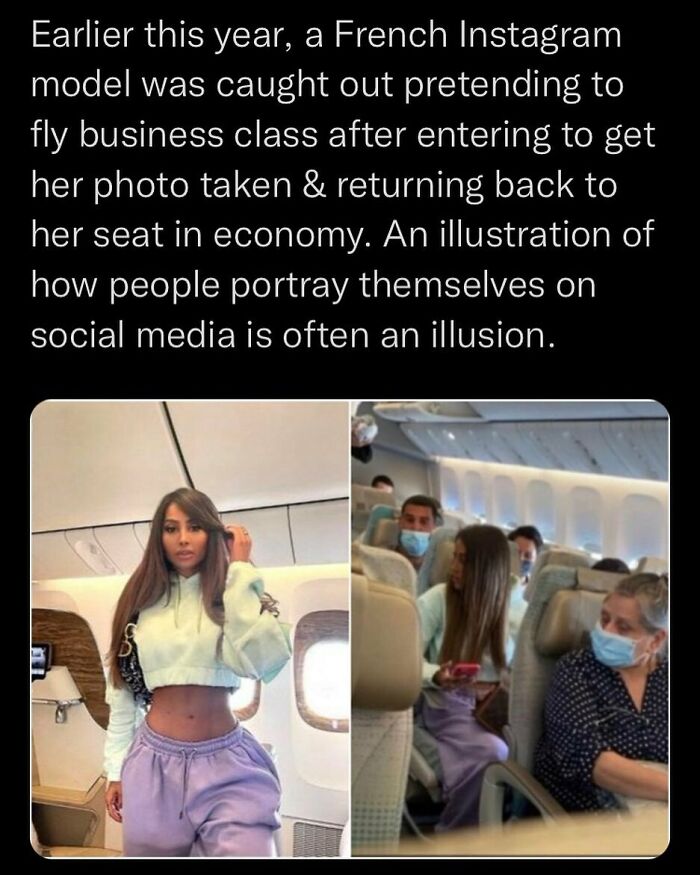 French Instagram model caught pretending to fly business class, revealing unsettling events that actually happened on social media.