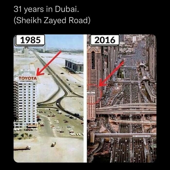 Comparison of Dubai's Sheikh Zayed Road in 1985 and 2016 showing disturbing and unsettling urban growth.
