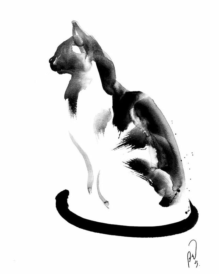 Black and white ink painting of a cat created by the Bored Panda community showcasing unique cat art style.