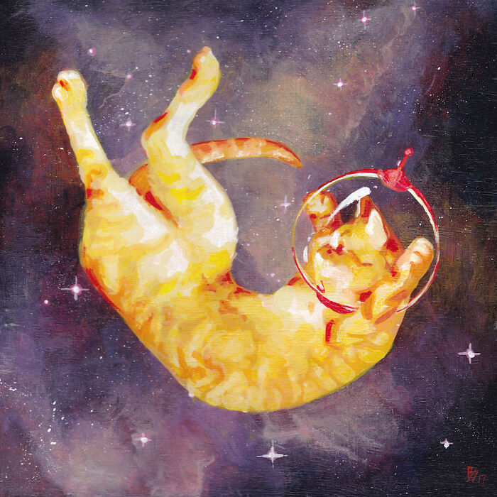 Painting of a cat floating in space wearing a helmet, colorful cat art from the Bored Panda community collection.