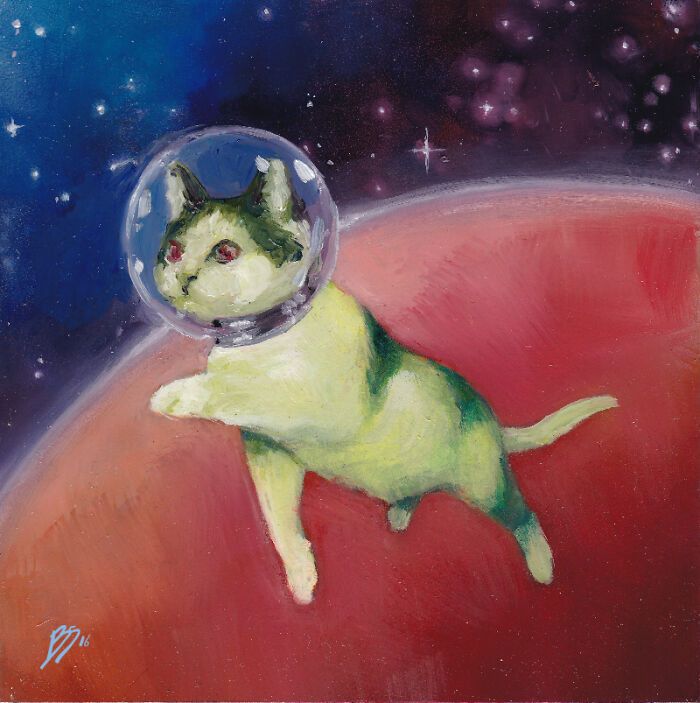 Surreal cat art showing a cat wearing a space helmet floating above a red planet against a starry night sky.