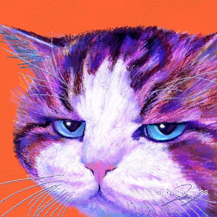 Close-up digital cat art with blue eyes and vibrant purple and white fur on an orange background, showcasing cat art creativity.