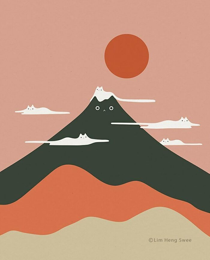 Minimalist cat art showing a mountain with cat-like clouds and a large red sun in a simple color palette.