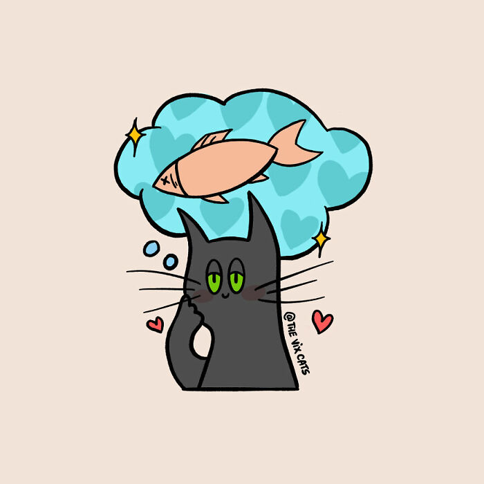 Black cat art with green eyes imagining a fish surrounded by hearts and sparkles in a colorful thought bubble.