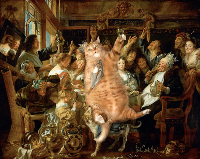 Chubby cat with a fish in its mouth dancing among a lively group in classic style cat art illustration.