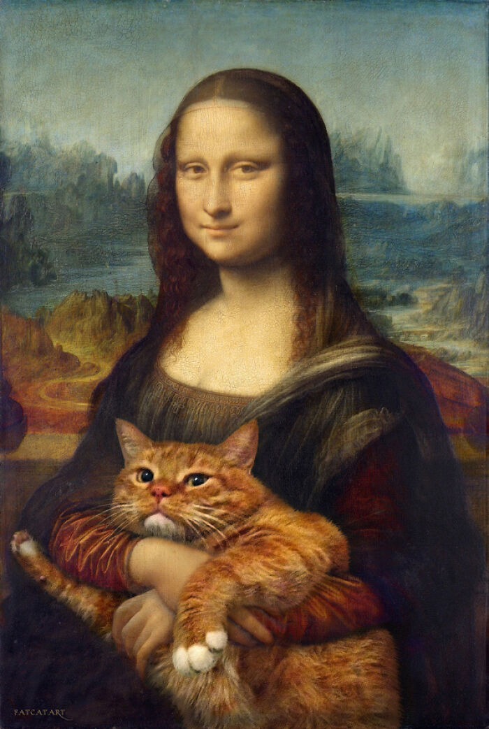 Mona Lisa holding a large orange cat, digital cat art combining classic portrait with pet in a charming style.