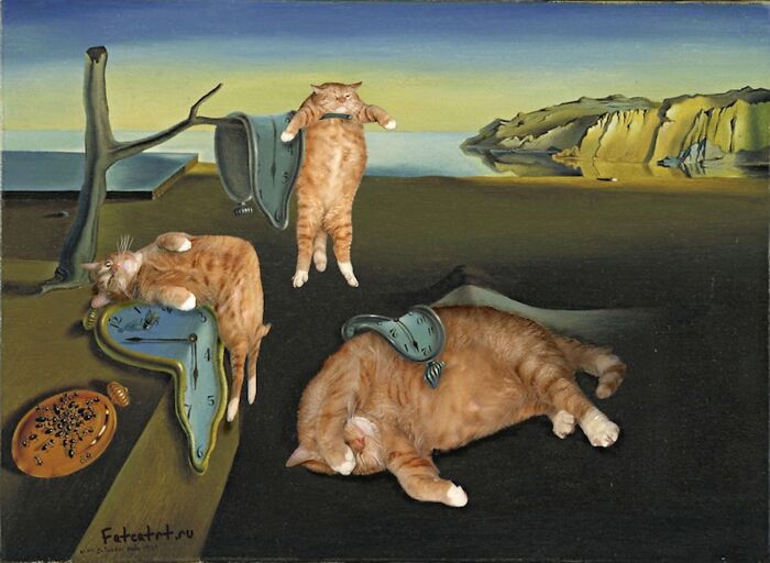 Surreal cat art inspired by melting clocks with orange cats in a dreamy landscape, showcasing unique cat art styles.