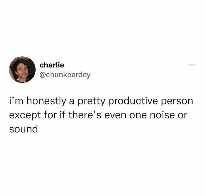 Social media post by user charlie humorously describing productivity struggles with noise, featured in hilariously random posts.