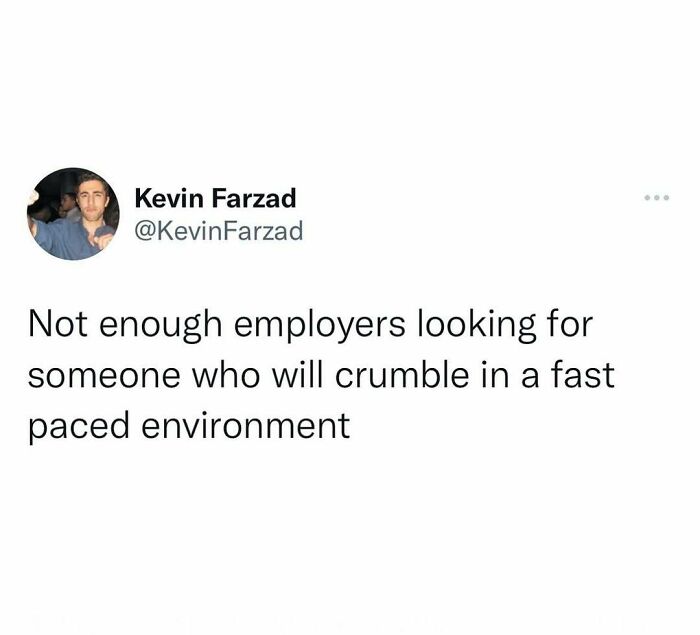 Tweet by Kevin Farzad humorously highlighting work stress, fitting the theme of hilariously random posts to brighten your day.