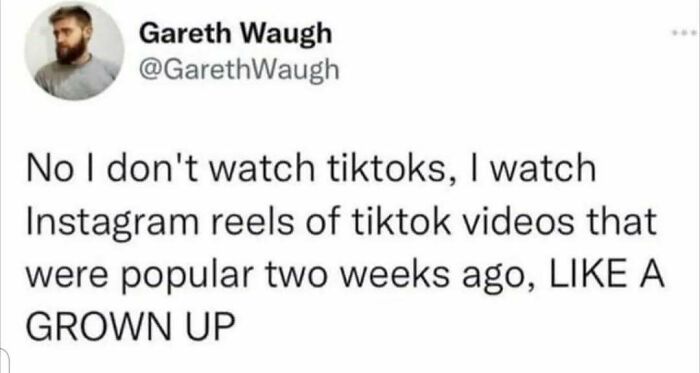 Social media meme text humor about watching Instagram reels of TikTok videos, part of random memes that might make you laugh.