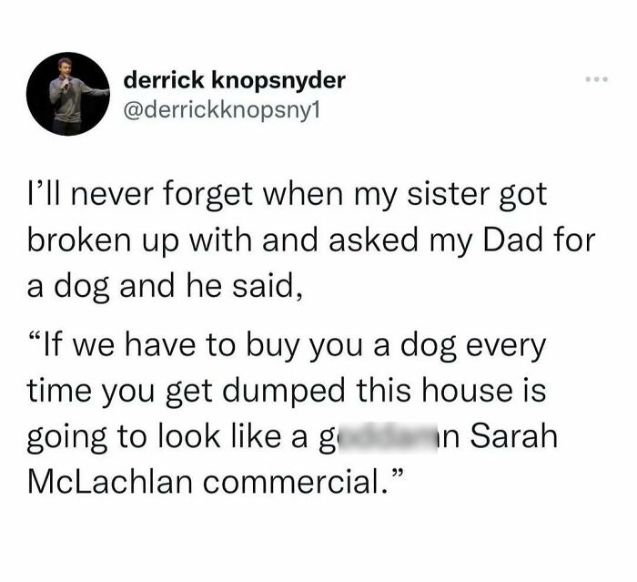 Funny random meme about a dad's response to his daughter asking for a dog after breakups, fitting random meme humor.
