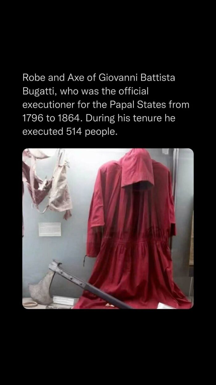 Red executioner robe and axe of Giovanni Battista Bugatti, a disturbing and unsettling event artifact from history.