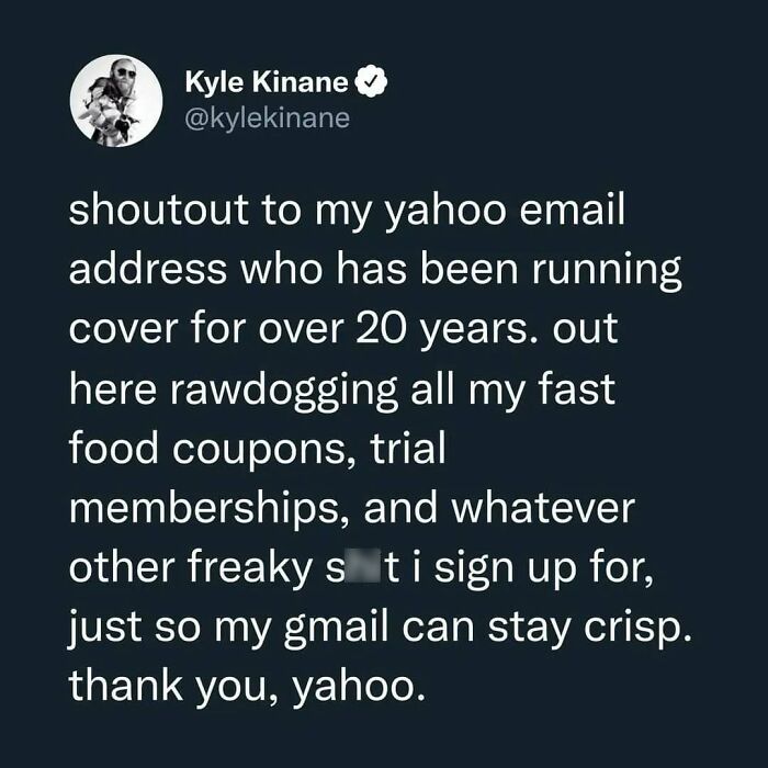 Tweet humorously thanking a Yahoo email for handling fast food coupons and trial memberships in random memes.